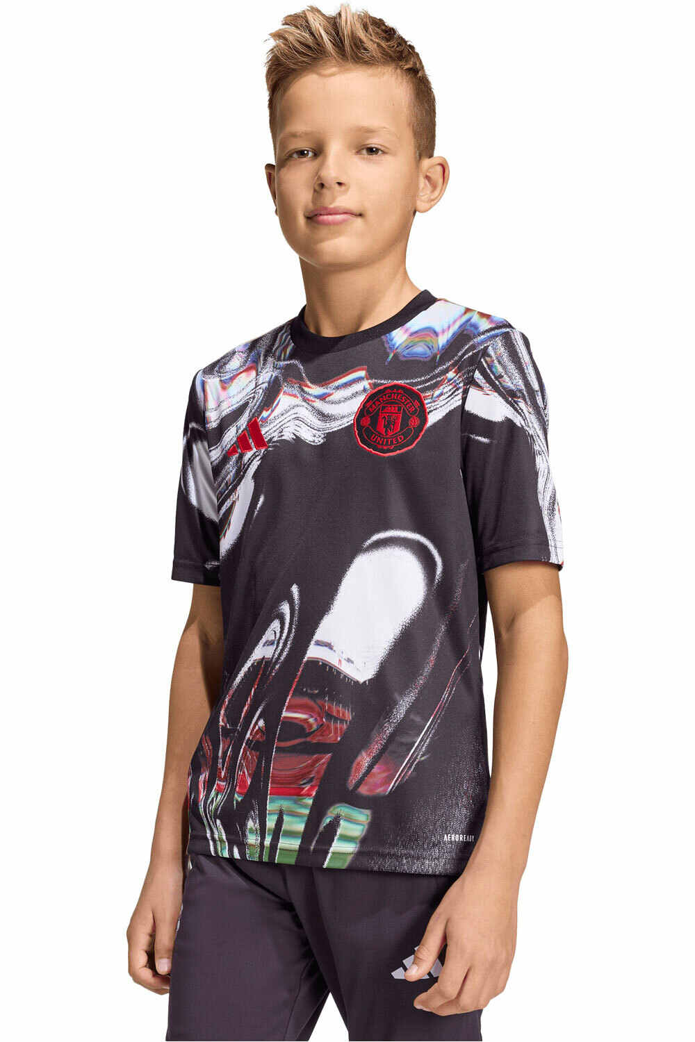 adidas camiseta de fútbol oficiales niño CALENTAMIENTO MANCHESTER UNITED 25/26 vista frontal