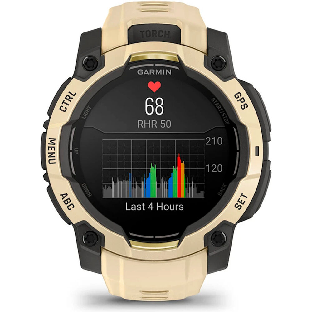 Garmin pulsómetros con gps Instinct 3 45 mm, AMOLED Beige con correa de silicona beige 02