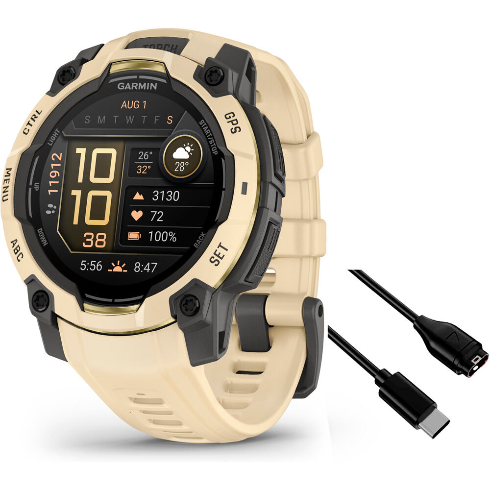 Garmin pulsómetros con gps Instinct 3 45 mm, AMOLED Beige con correa de silicona beige vista frontal